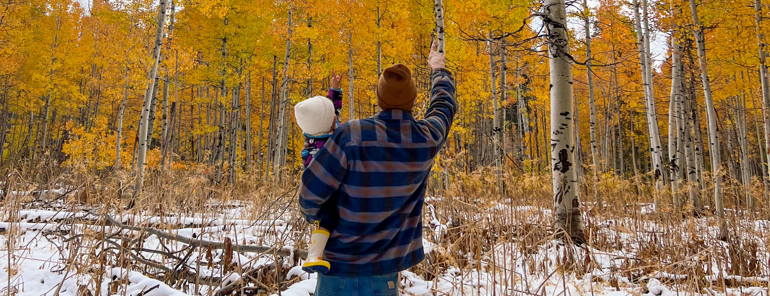 Father and baby in the snow with fall colors