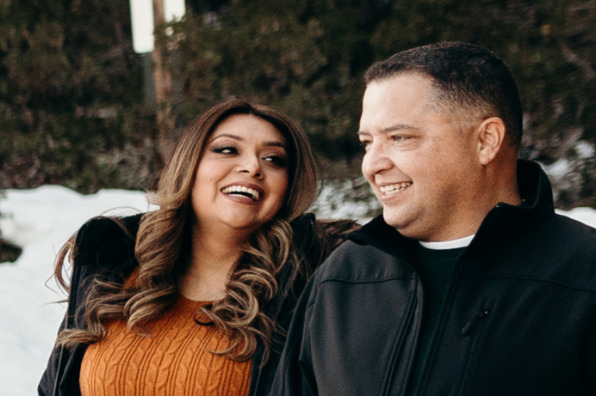 Couple on Pinecrest Lake Trail in snow